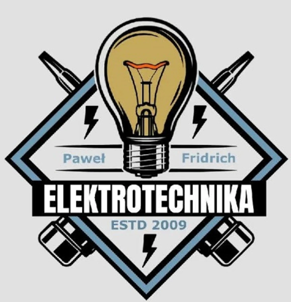 Elektrotechnika Paweł Fridrich — logo firmy Logo Elektrotechnika Paweł Fridrich — żarówka, wkrętak i szczypce w rombie, ESTD 2009